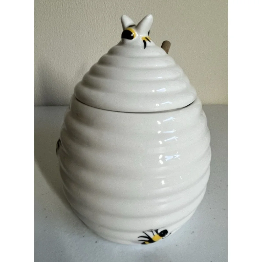 Ceramic Bee Honey Jar Wooden Dipper Beehive Kitchen Decor Cottagecore Farmhouse